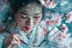 A woman in a kimono is holding a brush and looking at a cherry blossom photo