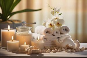 Spa accessories with candles and towels on a wooden table photo