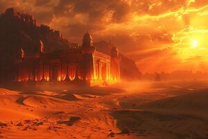 An orange sunset over a desert landscape with a castle in the distance photo