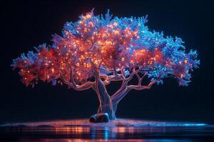 A tree with lights on it in the dark photo