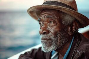 An older man with a hat on looks out to sea photo