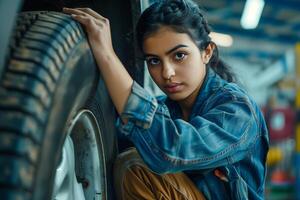 A young woman leaning against a car tire photo