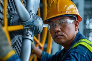 A man in a hard hat and safety glasses working on a turbine photo