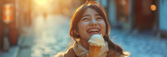 A woman smiles while holding an ice cream cone photo