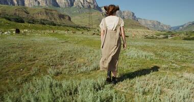 A woman in a dress walking through a field with mountains in the background photo