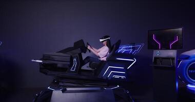 A woman in a virtual reality headset is sitting in a chair photo