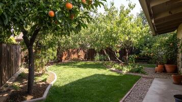 Serene Backyard Oasis with Fruit Trees photo