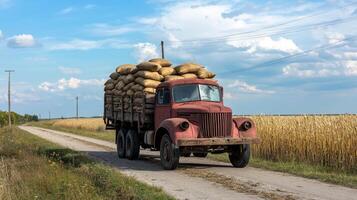 Vintage Truck Carrying Grain on a Country Road photo