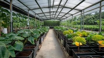 Greenhouse Filled with Lush Tropical Plants and Crops photo