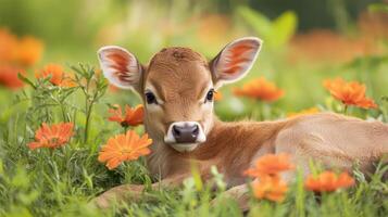 Adorable Baby Calf in a Field of Flowers photo