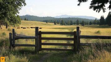 Serene Countryside Meadow with Wooden Gate and Cattle photo