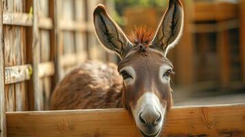 Curious Donkey in Wooden Pen photo