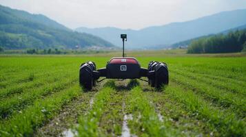 Autonomous Farming Robot in a Lush Green Field photo