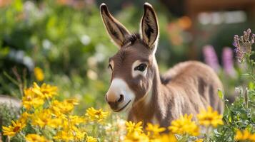 Adorable Baby Donkey in a Flower Garden photo