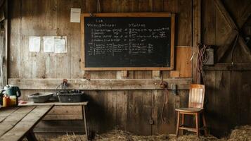 Rustic Barn Interior with Chalkboard and Hay photo