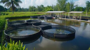 Fish Farming in a Pond. Sustainable Aquaculture photo