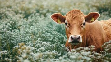 Brown Cow in a Meadow of Flowers photo