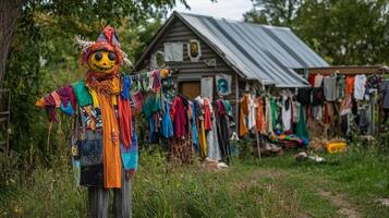 Colorful Scarecrow in a Rustic Garden photo