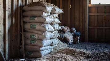 Stacked Grain Bags in a Rustic Barn. Farm photo