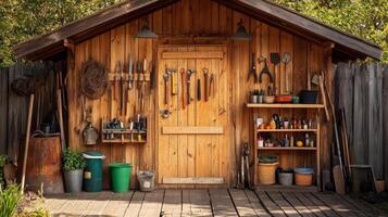 Rustic Wooden Shed Filled with Tools and Supplies photo