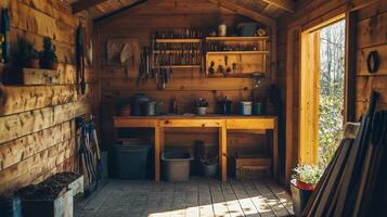 Rustic Wooden Shed Interior, Perfect for DIY Projects photo