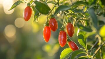 Vibrant Red Fruits Hanging from a Bush photo