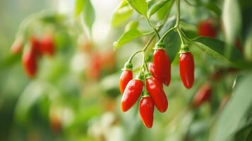 Close-up of vibrant red chili peppers on the vine photo