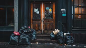 Urban Decay. Trash Pile at Building Entrance photo