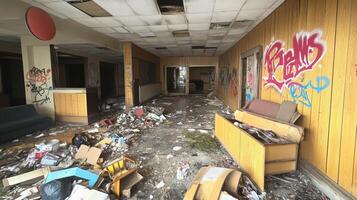 Abandoned Hallway with Graffiti and Trash photo