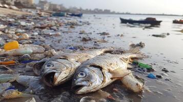 Dead Fish on Polluted Beach. A Sad Environmental Tragedy photo
