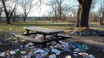 Park Pollution. Littered Picnic Area photo