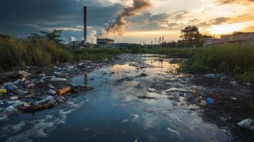 Polluted River at Sunset. A Visual Representation of Environmental Crisis photo
