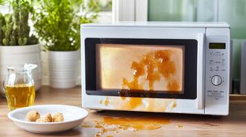 Dirty Microwave in Kitchen - Urgent Cleaning Needed photo