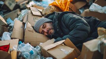 Homeless Man Sleeping Amidst Rubbish photo