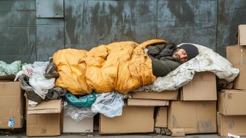 Homeless Man Sleeping on Cardboard Boxes photo