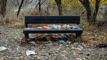 Park Bench Overwhelmed by Litter photo