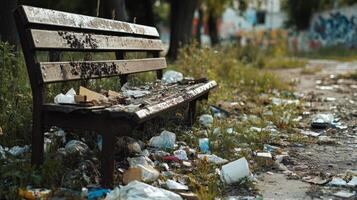 City Decay. A Park Bench Overwhelmed by Litter photo