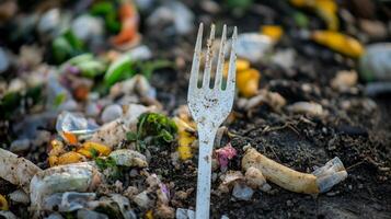 Plastic Fork in Compost Pile. Environmental Pollution photo