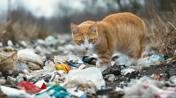 Ginger Cat Searching for Food in Trash photo