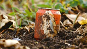 Rusty Can Buried in the Earth. A Symbol of Environmental Neglect photo
