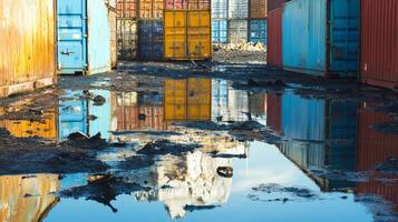 Reflective Shipping Containers in a Muddy Industrial Yard photo