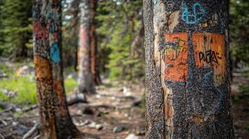Colorful Graffiti on a Forest Tree Trunk photo