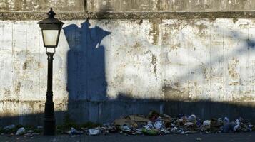 Urban Lamppost Shadow and Trash Pile photo
