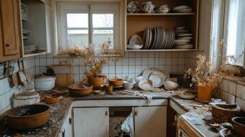 Abandoned Kitchen, Dusty Dishes, and Decay photo