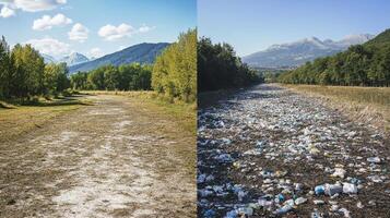 Pollution of Nature. A Comparison of Clean and Polluted Landscape photo
