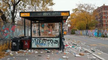 Urban Decay. A City Bus Stop Overwhelmed by Litter and Graffiti photo