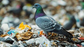 Pigeon in a Pile of Trash. A Sad Reflection of Pollution photo