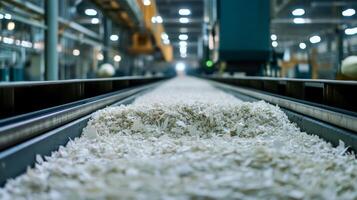Recycled Woodchips on Conveyor Belt in a Modern Factory photo