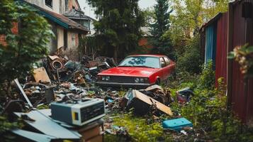 Abandoned Yard Filled With Trash and a Red Car photo