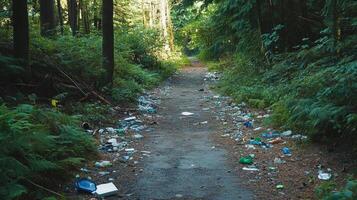 Forest Path Littered with Trash. Environmental Degradation photo